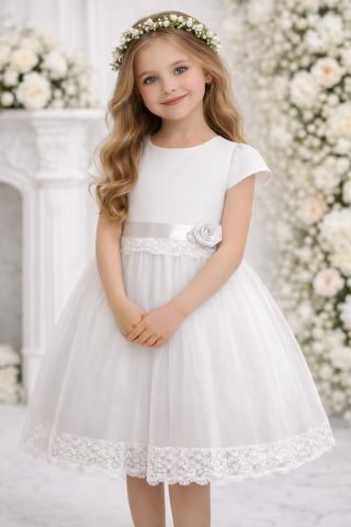 Sukienka komunijna dla dziewczynki z tiulem i różą INES