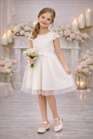 KOLEKCJA BASIC Sukienka komunijna dla dziewczynki z tiulem w kolorze ecru GABRIELA 