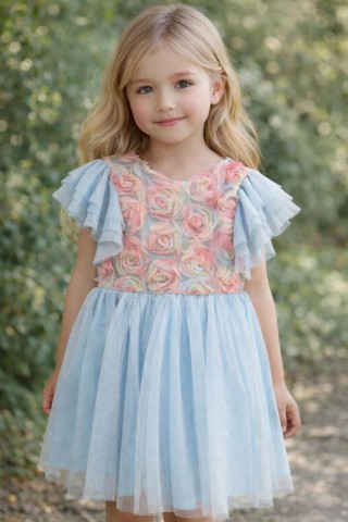 Błękitna sukienka wizytowa dla dziewczynki z różami LUIZA 