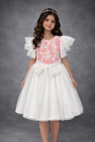 Biała sukienka wizytowa dla dziewczynki z różami LUIZA 