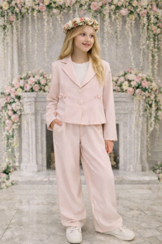 Pudrowy komplet wizytowy dla dziewczynki z kokardkami