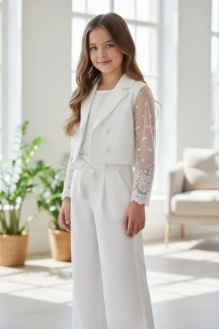 Komplet wizytowy dla dziewczynki z żakietem i spodniami w kolorze ecru