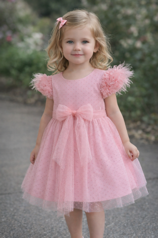Rozowa sukienka dla dziewczynki z piórami i tiulowym paskiem