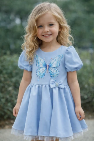 Niebieska sukienka dla dziewczynki z motylkiem i cyrkoniami 