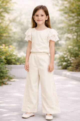 Wizytowy komplet bluzka i spodnie dla dziewczynki z koronką w kolorze ecru