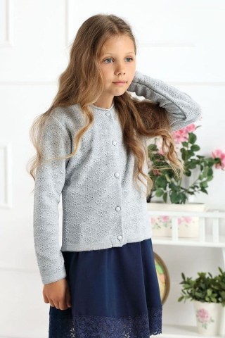 Szary ażurowy sweterek dla dziewczynki na perełki